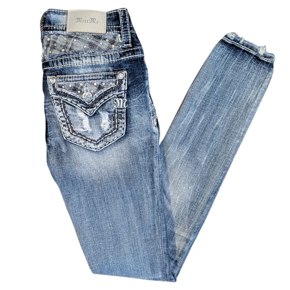 Miss Me NWOT 25 Embellished Distressed Mid Rise Skinny Jeans Style#E3626S2R